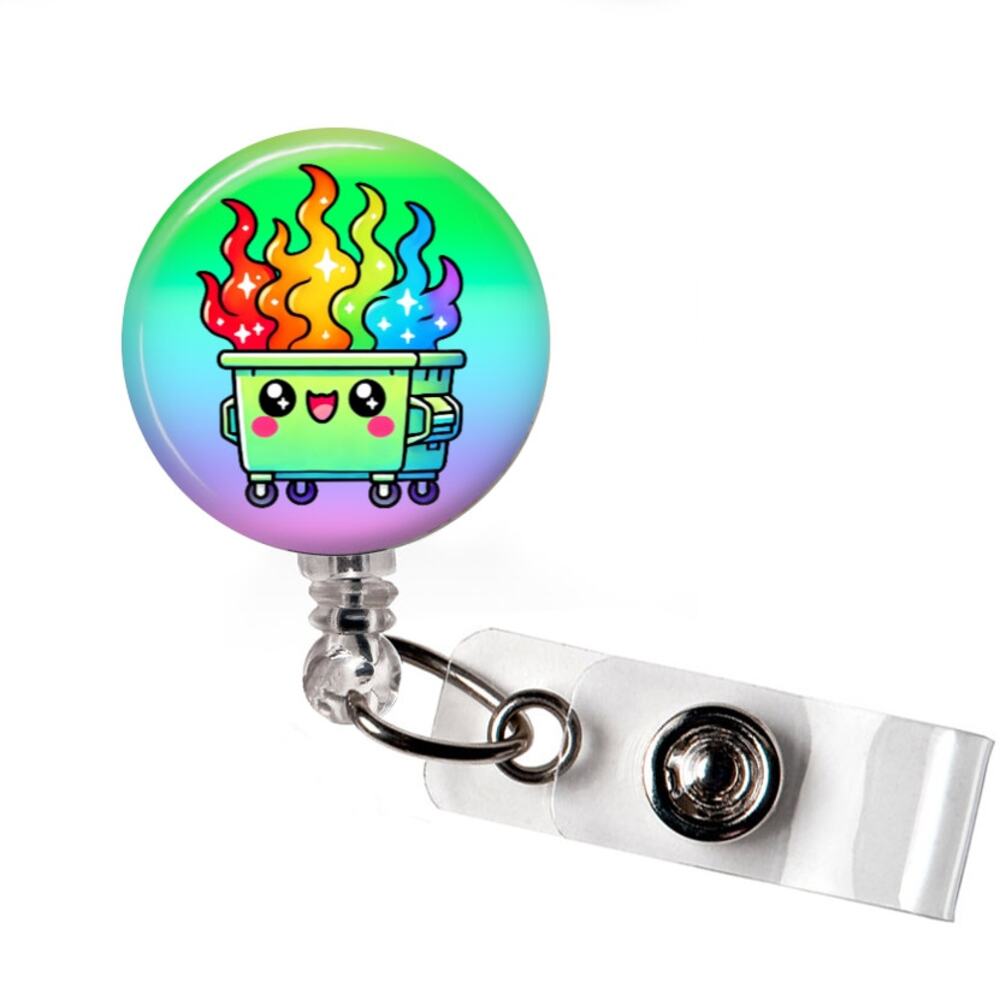 Kawaii Dumpster Fire Badge Reel Funny Retractable ID Holder Office Humor Gift